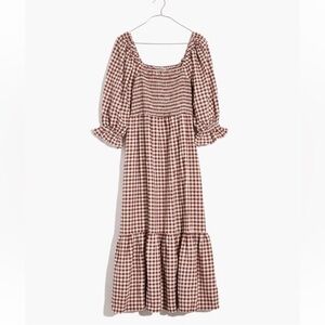 MADEWELL Lucie Smocked Dress Brown Gingham Cottagecore Prairie Tiered Pockets XS